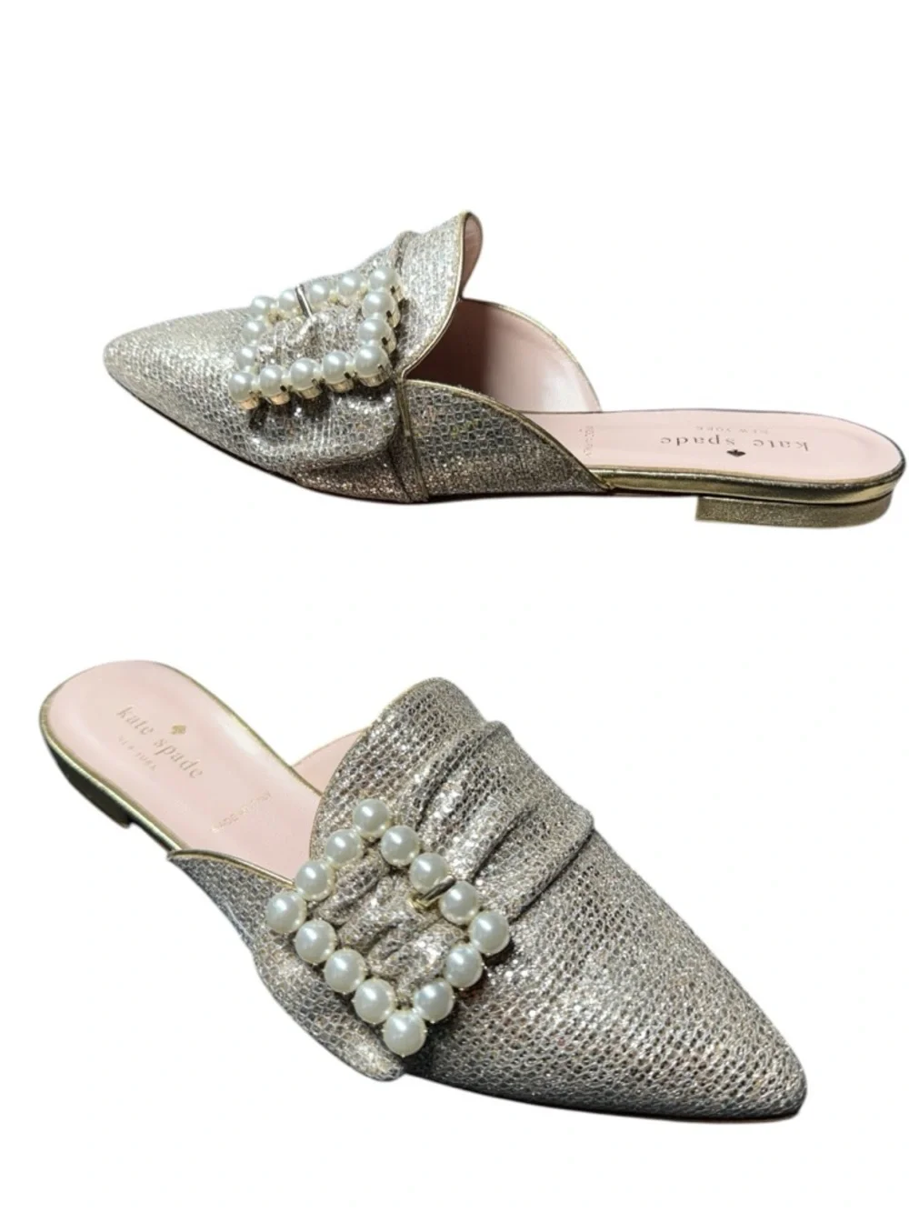 Kate Spade, Broadway, Gold Slip-Ons Pearl Buckle - Picture 2 of 8